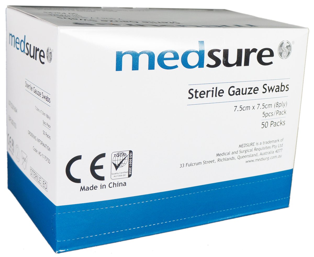 Medsure Sterile Gauze Swabs 7.5cm x 7.5cm (8ply) - Packs of 5