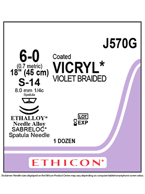 Ethicon J570G - Vicryl Absorbable Sutures Violet 6-0 45cm S-14 8mm