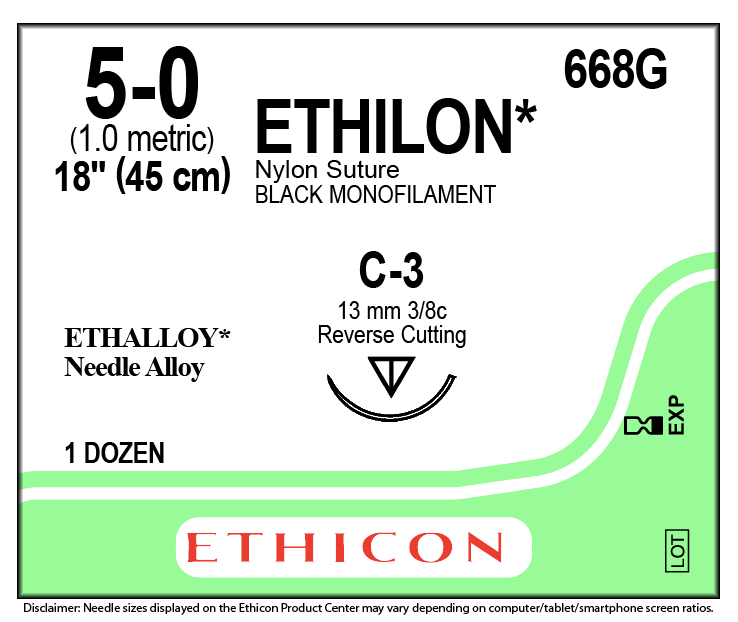 Ethilon 668g - Nylon Sutures Black 45cm 5-0 C-3 13mm