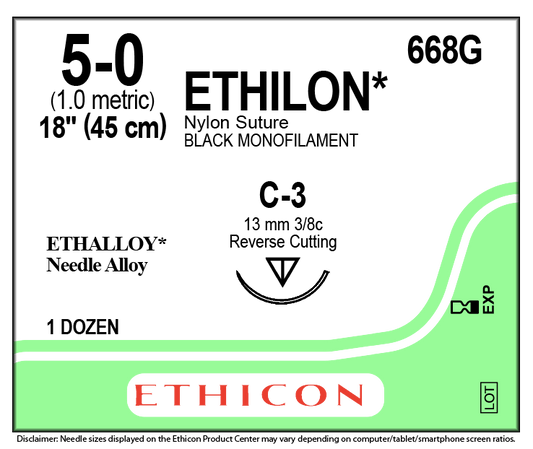 Ethilon 668g - Nylon Sutures Black 45cm 5-0 C-3 13mm