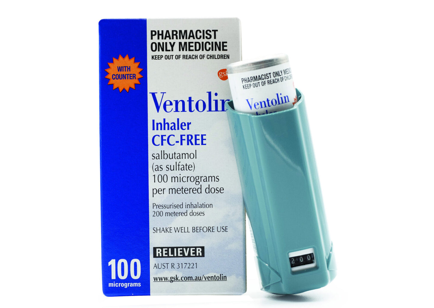 Ventolin CFC-Free 100mcg Metered Dose Inhaler Dose Counter 200 Doses